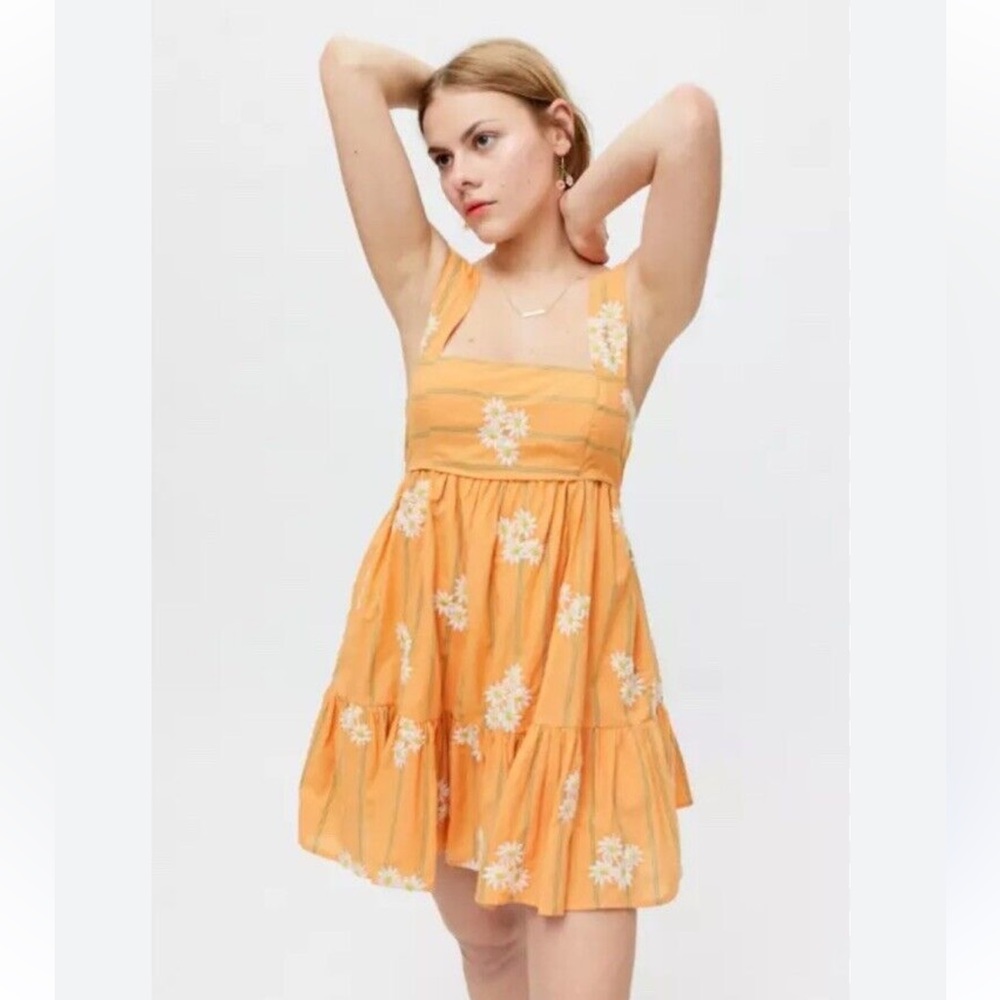 Urban Outfitters Orange Avril Embroidered Frock Babydoll Floral Mini Dress